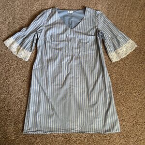 Westport Dress Womens 16 Blue White Pinstripe Cotton Stretch V-Neck Lace Sleeves